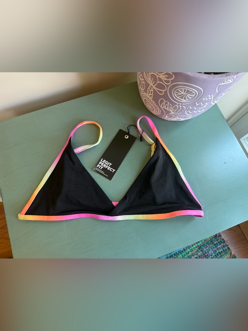 Legit Perfect Fit Black Triangle Bikini Top with Neon Rainbow Trim